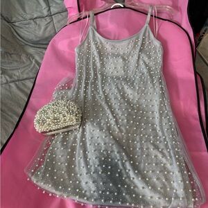 Elegant Sheer Dress with Pearl and rhinestone Accents,matching evening bag